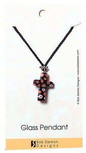 Murrine Glass Pendant: Black Cross With Flowers Adjustable Braided Cotton Cord Murrine Glass Pendant: Black Cross With Flowers Adjustable Braided Cotton Cord