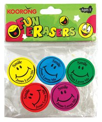 Eraser Pack:5 Round Smiley Faces, Jesus Loves Me Eraser Pack:5 Round Smiley Faces, Jesus Loves Me