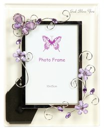 God Bless You Glass Photo Frame: Pinks Flowers & Butterfly With Opaque Frame God Bless You Glass Photo Frame: Pinks Flowers & Butterfly With Opaque Frame