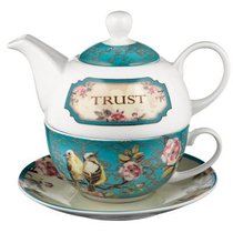 Ceramic Teapot & Colored Saucer: Trust Turquoise Birds Ceramic Teapot & Colored Saucer: Trust Turquoise Birds