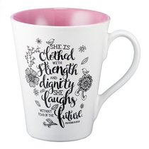 Stoneware Mug: She is Clothed... (White/pink) Stoneware Mug: She is Clothed... (White/pink)