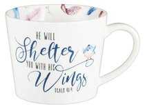 Ceramic Mug: He Will Shelter You, Coloured Feathers/White Ceramic Mug: He Will Shelter You, Coloured Feathers/White